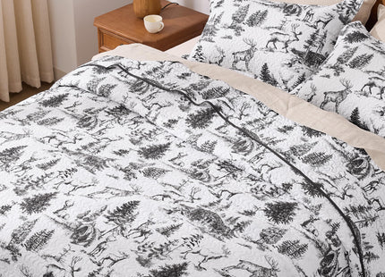 PPOLCA Rustic Twin Quilt Bedding Set, Christmas Lightweight Reversible Cabin Deer Bedspread Coverlet, 2-Piece Lodge Bed Cover Quilt with 1 Pillow Sham for All Season, White and Black