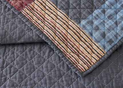 Cabin Patchwork Plaid 100% Cotton 3-Piece Quilt Set, Reversible Lightweight Quilt and Shams, Coverlet Set (King Size, Red/Blue/Beige)