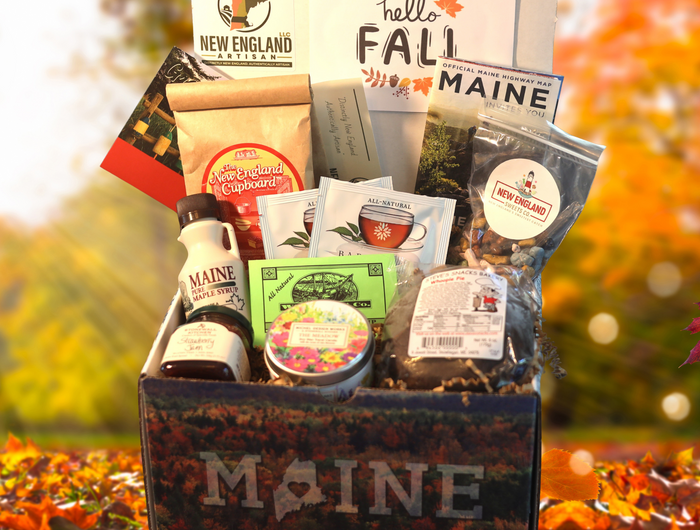 <h2><strong>Standard Gift Box</strong></h2><h4><strong>All Include:</strong></h4><h4>Pancake / Waffle Mix ( New England Cupboard )   </h4><h4>Apple Spice Dip Mix ( New England Cupboard )</h4><h4><br/>Honey [not pictured]  ( Swan's Honey ) </h4><h4><br/>Woopie Pie ( Steve’s Snacks Bakery )</h4><h4>Soy Candle ( Stonewall Kitchen)</h4><h4><br/>Maple Syrup  ( Maine Maple Products, Inc.  )</h4><h4><br/>Jelly ( Stonewall Kitchen)</h4><h4><br/>ChocoRocks Chocolates (New England Sweets Co) </h4><h4><br/>Tea packets ( Bar Harbor Tea Co. ) Maine Postcard</h4><h4></h4><h4>Also included is a Maine Postcard and a Maine Travel Map</h4><h4></h4><h5></h5>