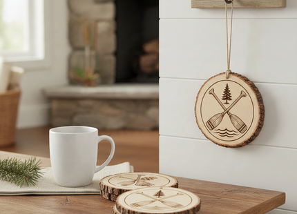 Canoe Paddles engraved wood coaster and ornament lifestyle view