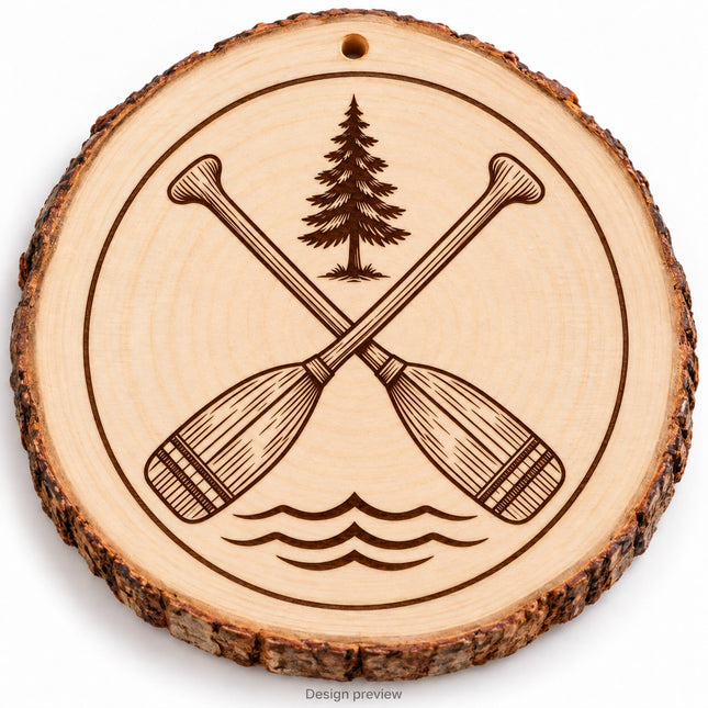 Canoe Paddles Maine engraved wood coaster and ornament on natural pine wood slice