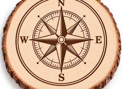 Compass Rose Maine engraved wood coaster and ornament on natural pine wood slice