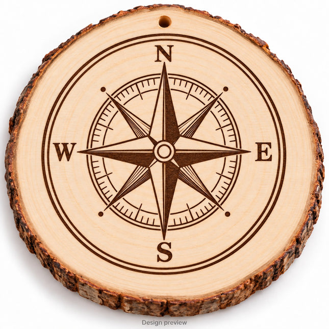 Compass Rose Maine engraved wood coaster and ornament on natural pine wood slice