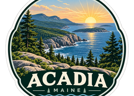 Acadia Maine sticker artwork with a sunrise over a rocky coast, blue ocean, mountains, and evergreen trees.