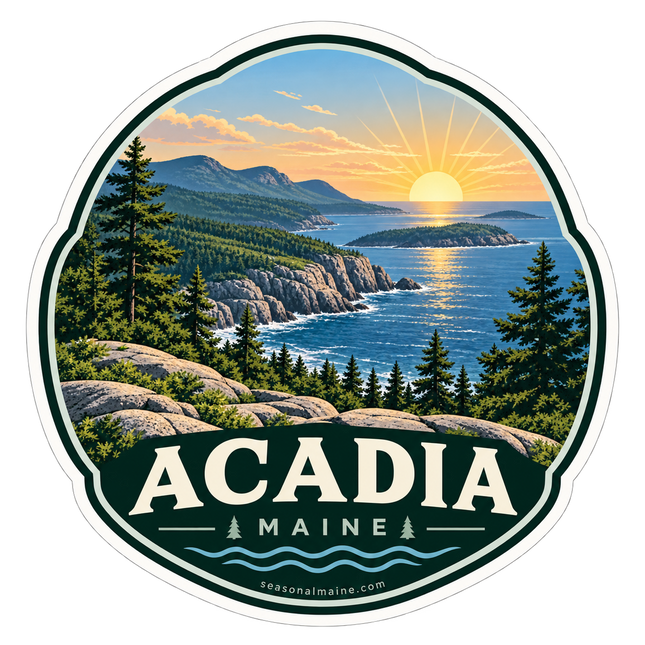 Acadia Maine sticker artwork with a sunrise over a rocky coast, blue ocean, mountains, and evergreen trees.