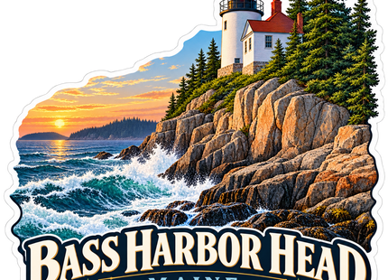 Bass Harbor Head Lighthouse Maine sticker artwork. A white lighthouse with a glowing red lantern stands among pines above rugged coastal cliffs and crashing waves at sunset, over a Bass Harbor Head banner.