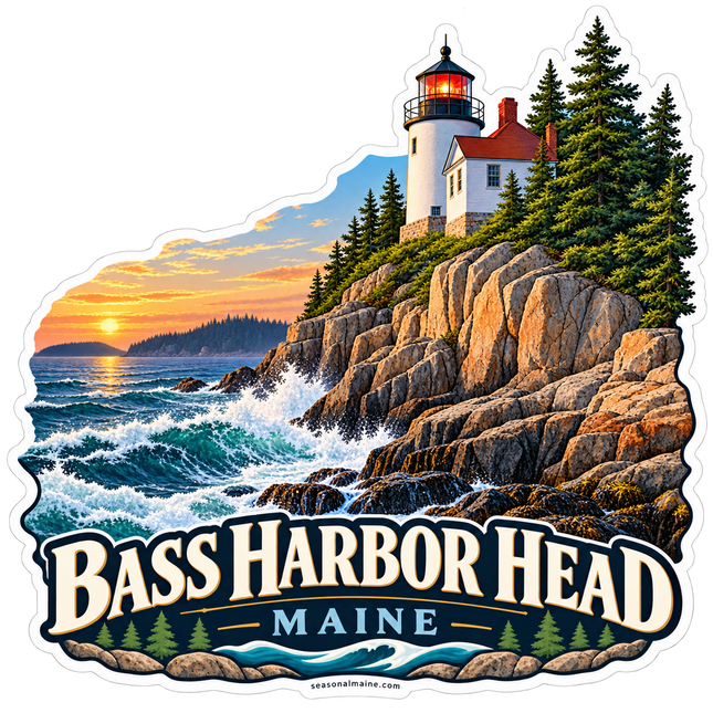 Bass Harbor Head Lighthouse Maine sticker artwork. A white lighthouse with a glowing red lantern stands among pines above rugged coastal cliffs and crashing waves at sunset, over a Bass Harbor Head banner.