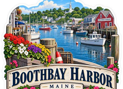 Boothbay Harbor Waterfront Maine sticker artwork. Colorful fishing boats, waterfront buildings, a church steeple, lobster traps and bright flowers surround a wooden Boothbay Harbor name sign.