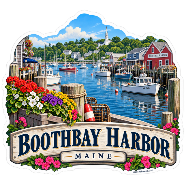 Boothbay Harbor Waterfront Maine sticker artwork. Colorful fishing boats, waterfront buildings, a church steeple, lobster traps and bright flowers surround a wooden Boothbay Harbor name sign.
