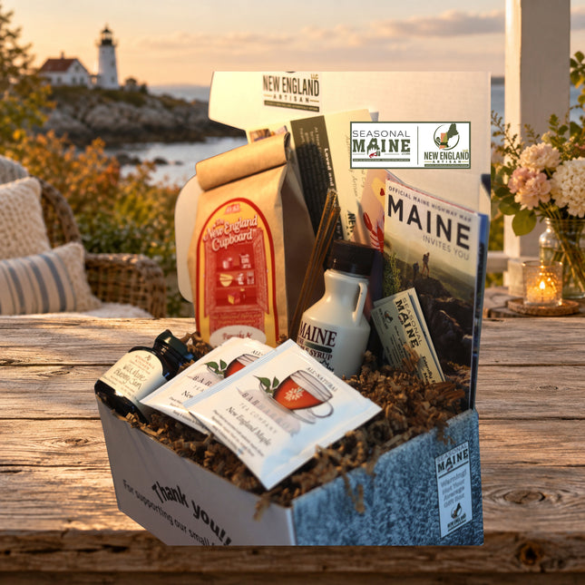 Breakfast in Maine Gift Box — standard photographed assortment on a Maine coastal cottage table.
