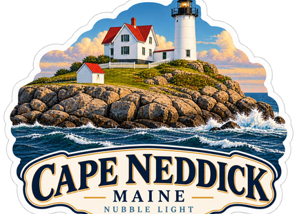 Cape Neddick Nubble Light Maine sticker artwork. A white lighthouse and red-roofed keeper's buildings stand on a rocky island above breaking waves, framed by a Cape Neddick and Nubble Light banner.