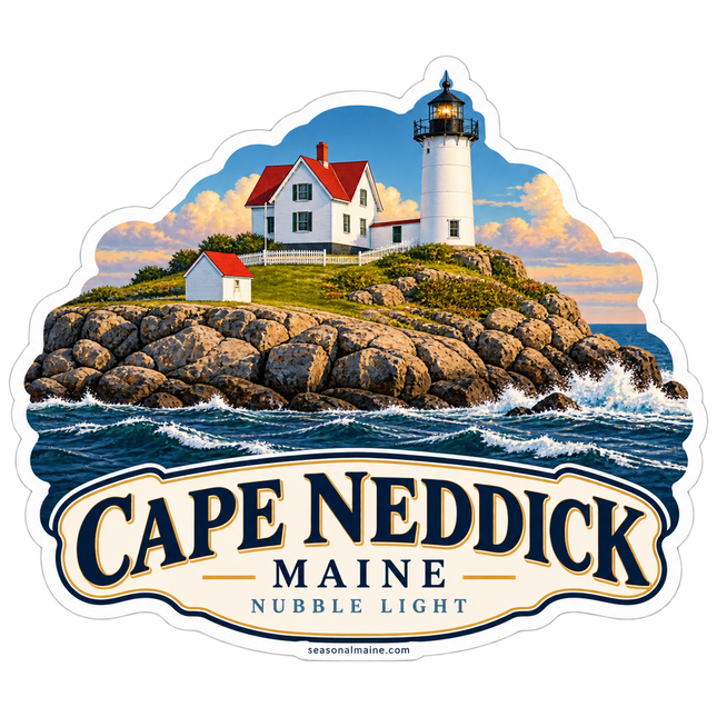 Cape Neddick Nubble Light Maine sticker artwork. A white lighthouse and red-roofed keeper's buildings stand on a rocky island above breaking waves, framed by a Cape Neddick and Nubble Light banner.