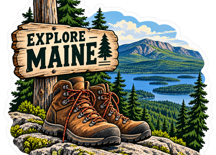 Explore Maine Hiking Boots sticker artwork. Brown hiking boots rest on a rocky overlook beside a wooden EXPLORE MAINE sign, with evergreen forest, blue lakes and a mountain in the background.