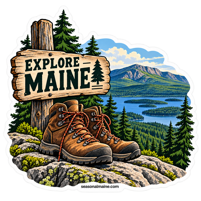 Explore Maine Hiking Boots sticker artwork. Brown hiking boots rest on a rocky overlook beside a wooden EXPLORE MAINE sign, with evergreen forest, blue lakes and a mountain in the background.