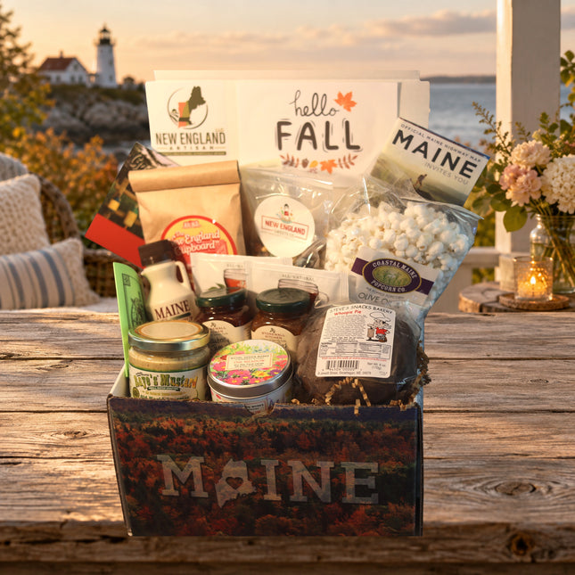 Fall Premium photographed gift box on a Maine coastal cottage table.