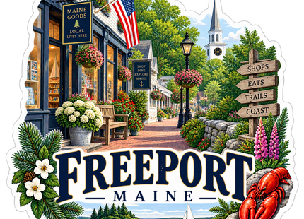 Freeport Main Street Maine sticker artwork. A flower-lined shopping street with an American flag, church steeple and direction signs sits above Freeport lettering, framed by a lobster, pine branches and a small coastal sailing scene.