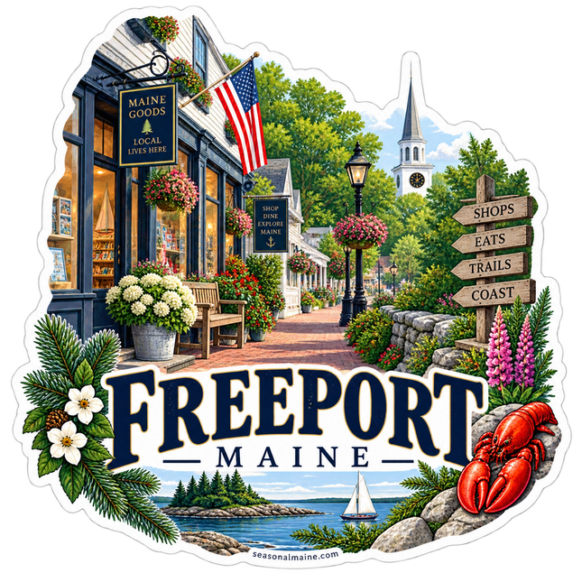 Freeport Main Street Maine sticker artwork. A flower-lined shopping street with an American flag, church steeple and direction signs sits above Freeport lettering, framed by a lobster, pine branches and a small coastal sailing scene.