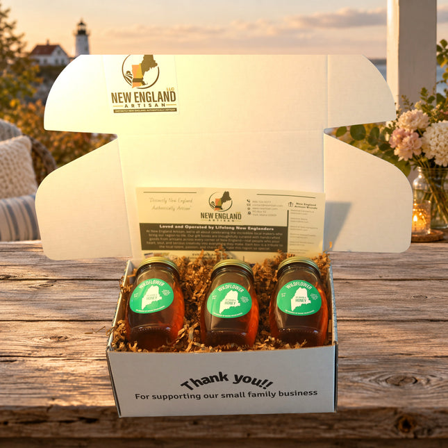 Honey Gift Box photographed gift box on a Maine coastal cottage table.