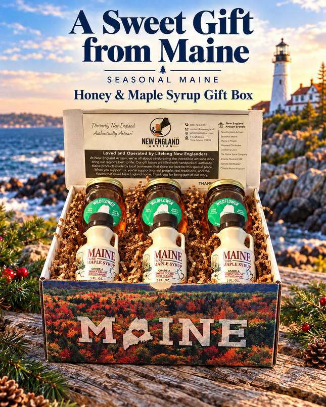 Maine Honey and Maple Syrup Gift Box with three honey jars and three syrup bottles in a coastal holiday setting