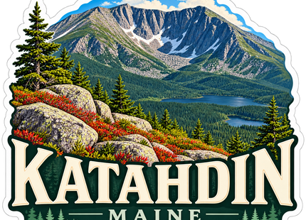 Katahdin Mountain View Maine sticker artwork. A craggy mountain with patches of snow rises above forested lakes, granite boulders and red groundcover, with large cream Katahdin lettering across the base.