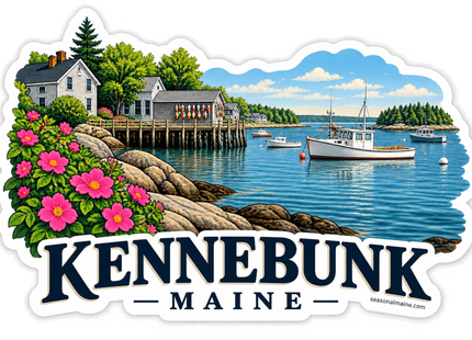 Kennebunk Maine Harbor sticker artwork. Pink beach roses frame a rocky harbor scene with fishing boats, waterfront cottages and a buoy-covered dock building above KENNEBUNK MAINE lettering.