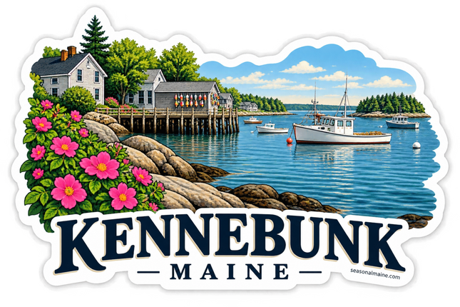 Kennebunk Maine Harbor sticker artwork. Pink beach roses frame a rocky harbor scene with fishing boats, waterfront cottages and a buoy-covered dock building above KENNEBUNK MAINE lettering.