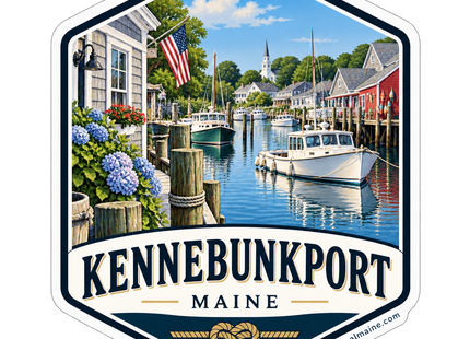 Kennebunkport Maine Harbor Badge sticker artwork. A navy-and-cream badge frames a harbor scene with boats, waterfront buildings, blue hydrangeas and an American flag above KENNEBUNKPORT MAINE lettering and a rope knot.