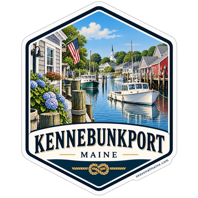 Kennebunkport Maine Harbor Badge sticker artwork. A navy-and-cream badge frames a harbor scene with boats, waterfront buildings, blue hydrangeas and an American flag above KENNEBUNKPORT MAINE lettering and a rope knot.