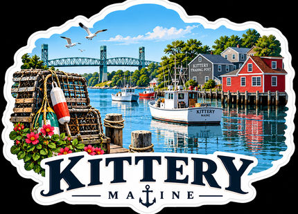 Kittery Maine Harbor sticker artwork. A harbor illustration shows a steel bridge, fishing boats, lobster traps and colorful waterfront buildings above KITTERY MAINE lettering and a small anchor.