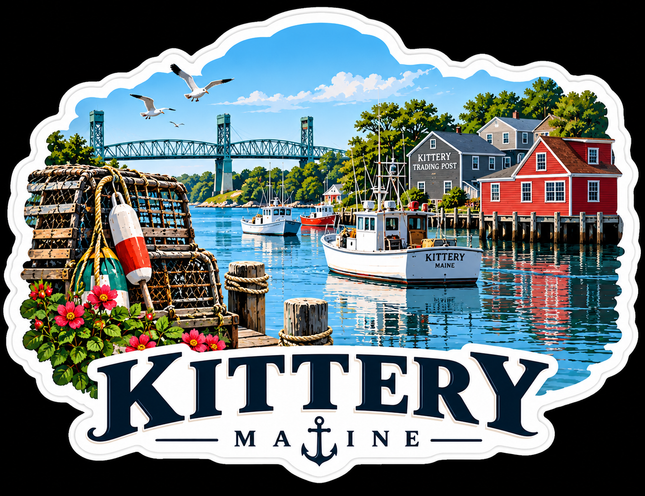 Kittery Maine Harbor sticker artwork. A harbor illustration shows a steel bridge, fishing boats, lobster traps and colorful waterfront buildings above KITTERY MAINE lettering and a small anchor.
