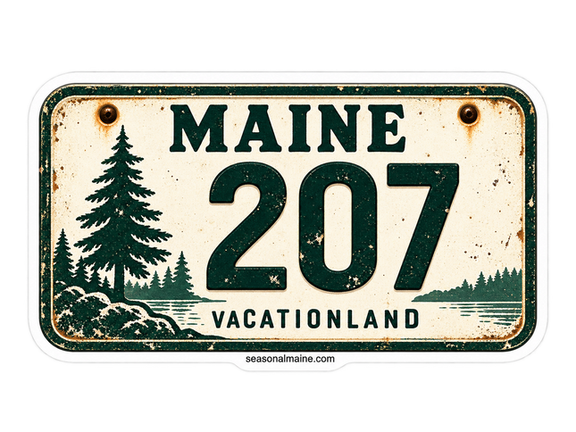 Maine 207 Vacationland Plate sticker artwork. A distressed cream and dark green license-plate-style rectangle features MAINE, a large 207 and VACATIONLAND, with evergreen and shoreline silhouettes and illustrated rusty mounting bolts.
