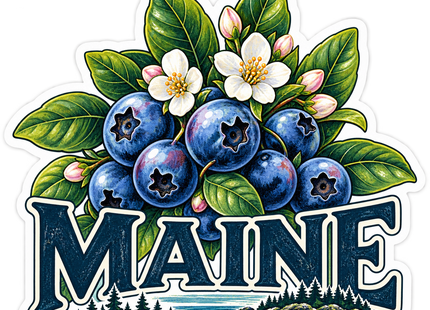 Maine Blueberries and Blossoms sticker artwork. A cluster of blue berries, green leaves and white blossoms rises above bold MAINE lettering and a small evergreen-island lake scene.