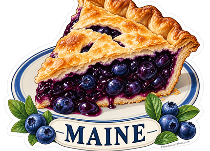 Maine Blueberry Pie sticker artwork. A golden-crusted slice of blueberry pie rests on a blue-rimmed plate with loose blueberries and leaves around a cream Maine label.
