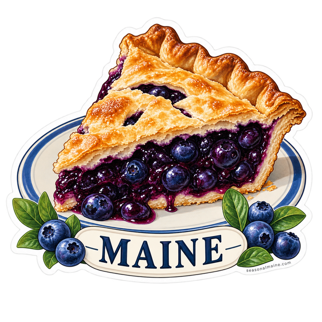 Maine Blueberry Pie sticker artwork. A golden-crusted slice of blueberry pie rests on a blue-rimmed plate with loose blueberries and leaves around a cream Maine label.