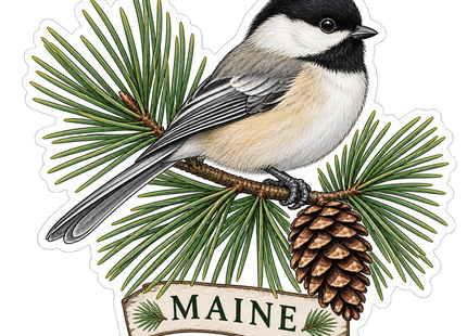 Maine Chickadee and Pine sticker artwork. A black-capped chickadee perches on a pine branch beside a large pinecone above a cream Maine ribbon.