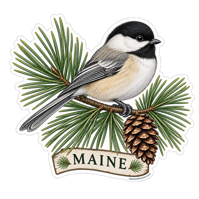 Maine Chickadee and Pine sticker artwork. A black-capped chickadee perches on a pine branch beside a large pinecone above a cream Maine ribbon.