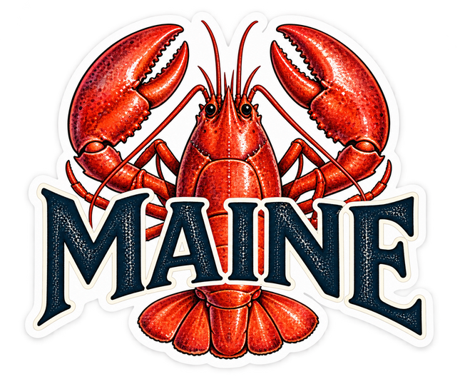 Maine Classic Red Lobster sticker artwork. A bright red lobster with raised claws appears behind large curved navy MAINE lettering within a white contour border.
