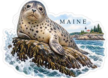 Maine Harbor Seal sticker artwork. A spotted seal rests on a seaweed-covered rock amid splashing surf, with MAINE lettering and a small lighthouse along the distant shore.