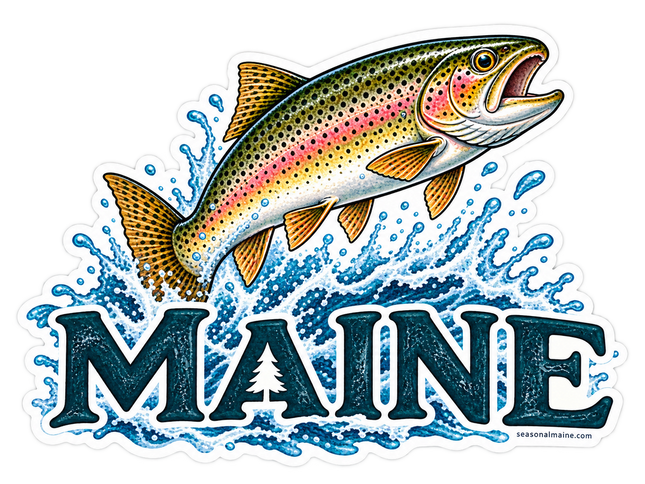 Maine Leaping Rainbow Trout sticker artwork. A colorful spotted trout with a pink side stripe leaps through a blue splash above large navy Maine lettering with a pine-tree cutout in the A.
