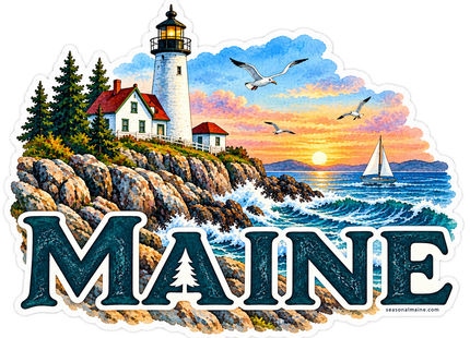 Maine Lighthouse and Sailboat Sunset sticker artwork. A white lighthouse on a rocky pine-lined coast overlooks a sailboat, flying gulls and a colorful sunset above large navy Maine lettering.
