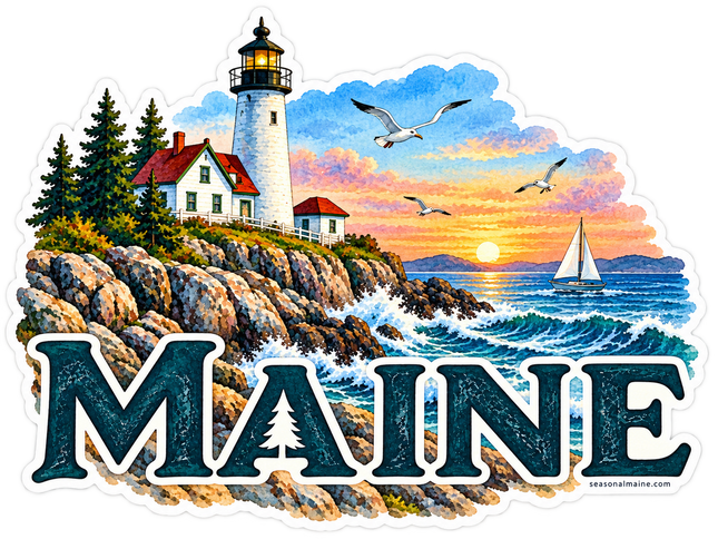 Maine Lighthouse and Sailboat Sunset sticker artwork. A white lighthouse on a rocky pine-lined coast overlooks a sailboat, flying gulls and a colorful sunset above large navy Maine lettering.
