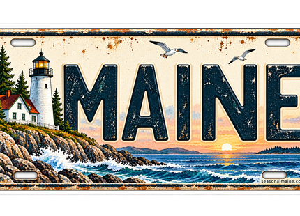 Maine Lighthouse Sunset Vintage License Plate sticker artwork. A weathered cream-and-navy license-plate illustration features large MAINE lettering, a lighthouse on the left, evergreen trees, gulls and waves beneath an orange sunset.