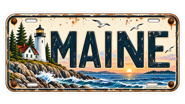 Maine Lighthouse Sunset Vintage License Plate sticker artwork. A weathered cream-and-navy license-plate illustration features large MAINE lettering, a lighthouse on the left, evergreen trees, gulls and waves beneath an orange sunset.