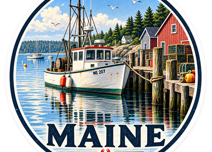 Maine Lobster Boat Harbor sticker artwork. An oval harbor design shows a white fishing boat marked ME 207 tied beside a wooden wharf with lobster traps, buoys and red and gray waterfront sheds, above MAINE lettering and a small red lobster emblem.