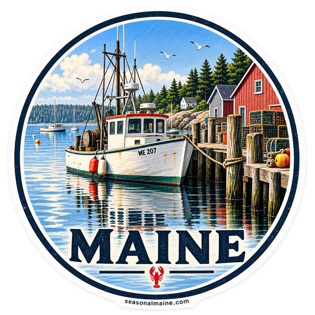 Maine Lobster Boat Harbor sticker artwork. An oval harbor design shows a white fishing boat marked ME 207 tied beside a wooden wharf with lobster traps, buoys and red and gray waterfront sheds, above MAINE lettering and a small red lobster emblem.
