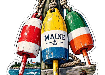 Maine Lobster Buoys sticker artwork. Three weathered lobster buoys in red and white, yellow and blue, and green and orange hang by ropes from a wooden post, with MAINE and an anchor on the center buoy and a small lighthouse across the water behind them.