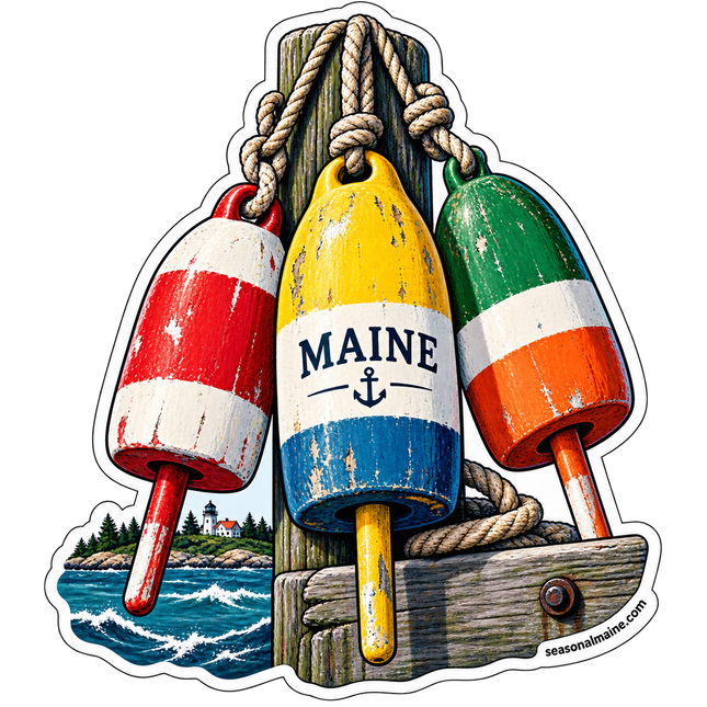 Maine Lobster Buoys sticker artwork. Three weathered lobster buoys in red and white, yellow and blue, and green and orange hang by ropes from a wooden post, with MAINE and an anchor on the center buoy and a small lighthouse across the water behind them.