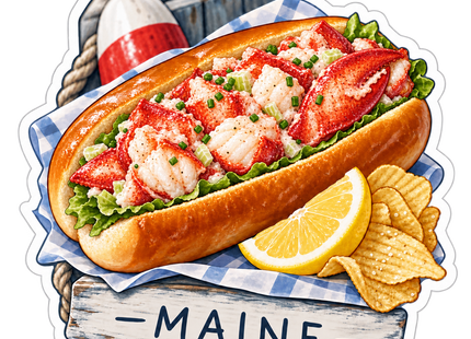Maine Lobster Roll sticker artwork. A lobster roll filled with large lobster pieces appears beside a lemon wedge and ridged chips on blue-and-white checked paper, with a buoy and wooden MAINE sign completing the design.