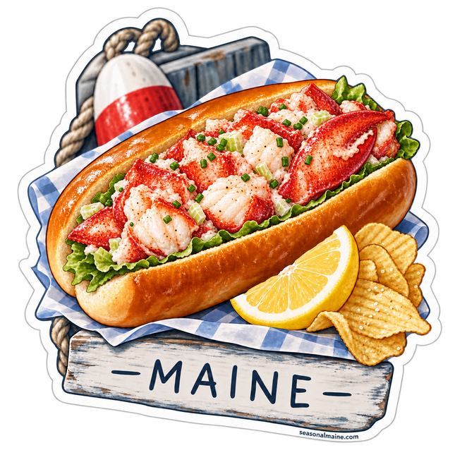 Maine Lobster Roll sticker artwork. A lobster roll filled with large lobster pieces appears beside a lemon wedge and ridged chips on blue-and-white checked paper, with a buoy and wooden MAINE sign completing the design.