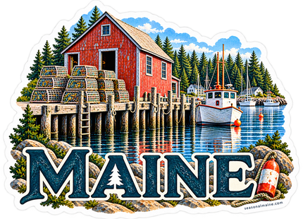 Maine Lobster Shack and Fishing Boat sticker artwork. A red waterfront shack, stacks of lobster traps and a white fishing boat appear above oversized navy Maine lettering, with a red-and-white buoy and rope at the right.